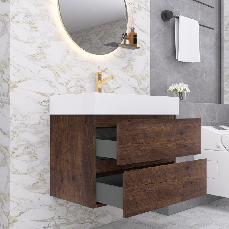 Ensemble de meuble-lavabo simple 30 po avec surface solide Lillyanah, Noyer, Blanc