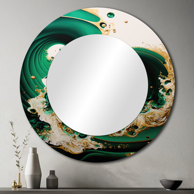 Stilu Emerald Green And Gold Abstract Waves I - Abstract Spirals Wall Mirror, Modern Round Decorative Mirror, Printed Metal Art