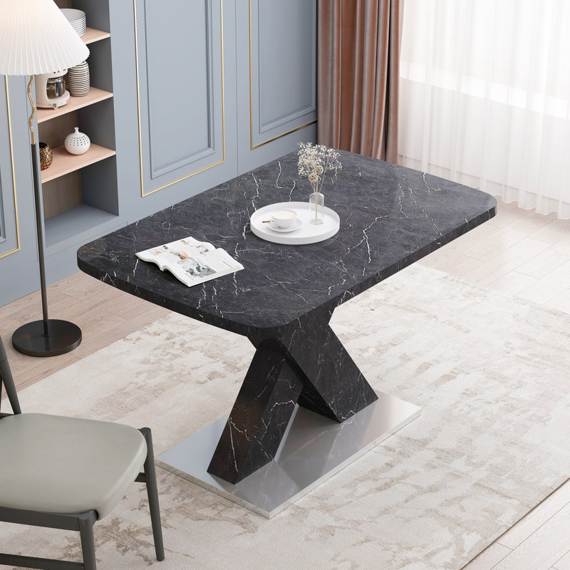 Hine Modern Dining Table, Extendable Dining Table, Faux Marble Table Top, Extension Table Top, Black, Black