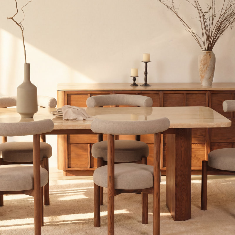 Buffet en chêne à 4 portes avec plateau en travertin Honed et portes surélevées 84 po Hearth, Brun