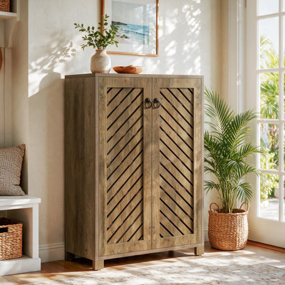 Farmhouse Shoe Cabinet with Diagonal Slatted Door & 6 Tier Shelves