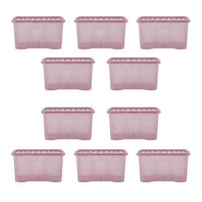Wham Crystal 60L Plastic Storage Box Pack of 10 Tint Dusky Orchid