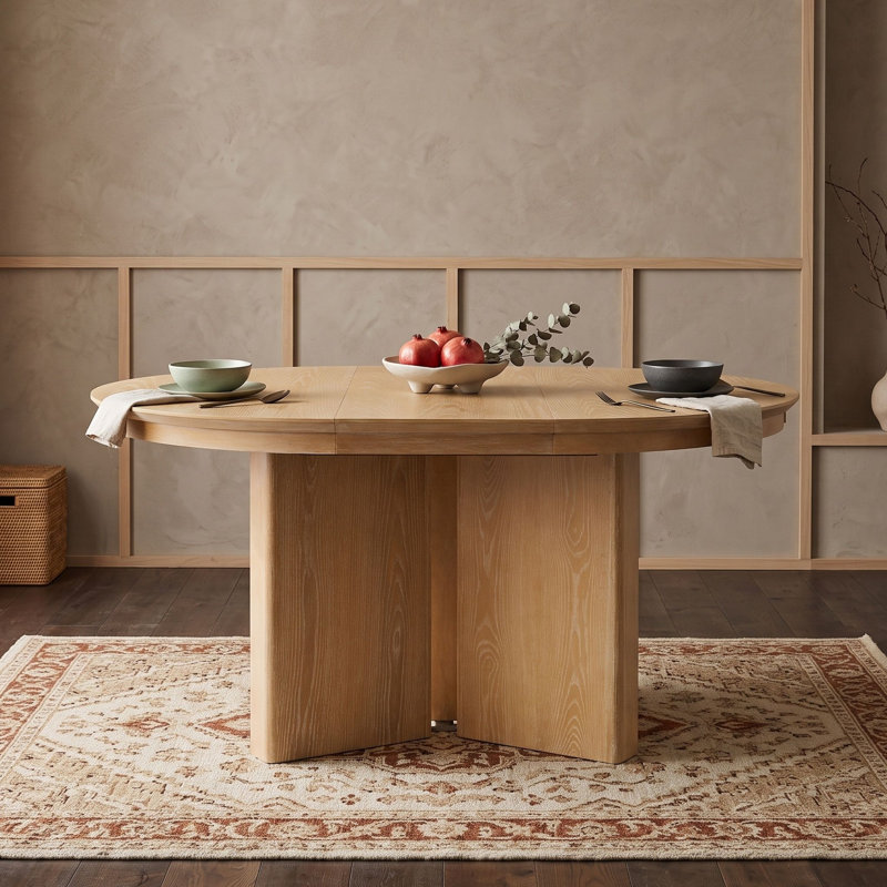 Table de salle à manger extensible avec pied central et patins ajustables, Naturel