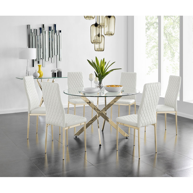 Tierra Modern Chrome Metal & Glass Round Dining Table Set with 6 Quilted Faux Leather Chairs, White
