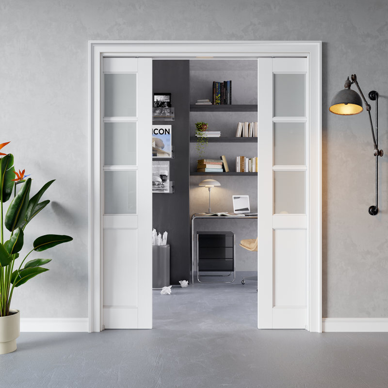 Porte intérieure coulissante à 6 carreaux en verre dépoli, MDF CARB P2 et verre trempé SGCC, avec cadre renforcé et quincaillerie incluse, pour chambre à coucher, préfinie et imperméable, idéale pour garde-manger, chambre, salle de bain et garde-robe, teinture facile à appliquer soi-même, 183 cm x 203 cm