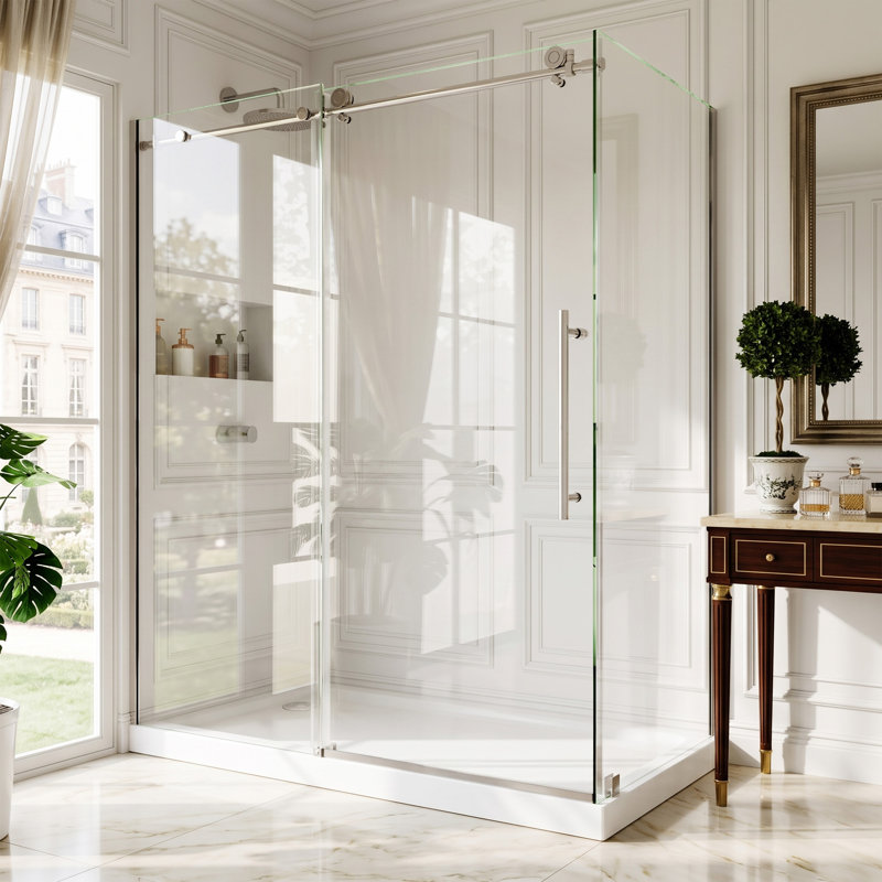 Cabine de douche coulissante sans cadre, 152 cm (L) x 81 cm (P) x 183 cm (H), verre clair 8 mm, nickel brossé