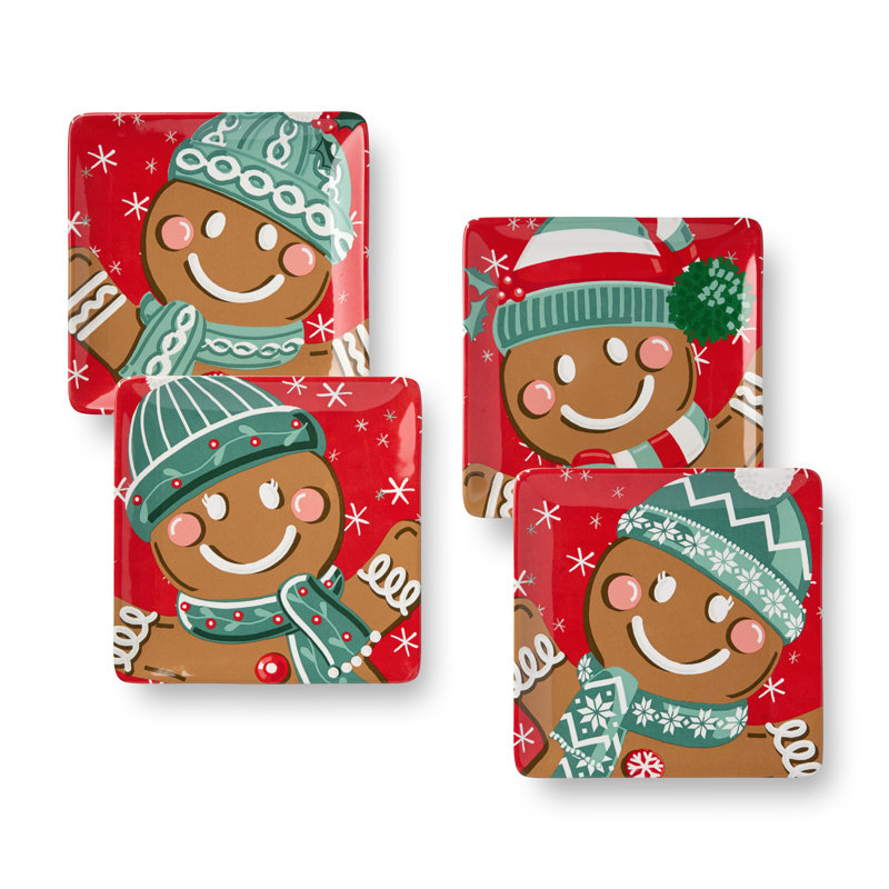 Christmas Whimsy Gingerbread Dessert Plates Set of 4, 8.5" Square Ceramic Holiday Plates with Festive Designs, Christmas Cookie Serving Plates, Winter Appetizer Snack Set