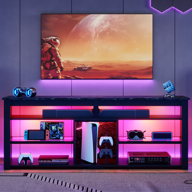Inzel 63" TV Console for 70 inch TV, Tall TV Stand with Led, Media Console with Adjustable Storage Shelves, Black Marble