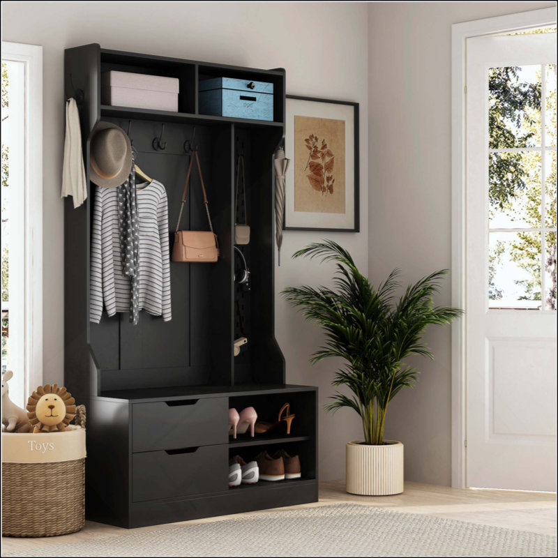 Hall Tree With 6 Hooks,Coat Hanger, Entryway Bench, Storage Bench,For Entrance, Hallwa