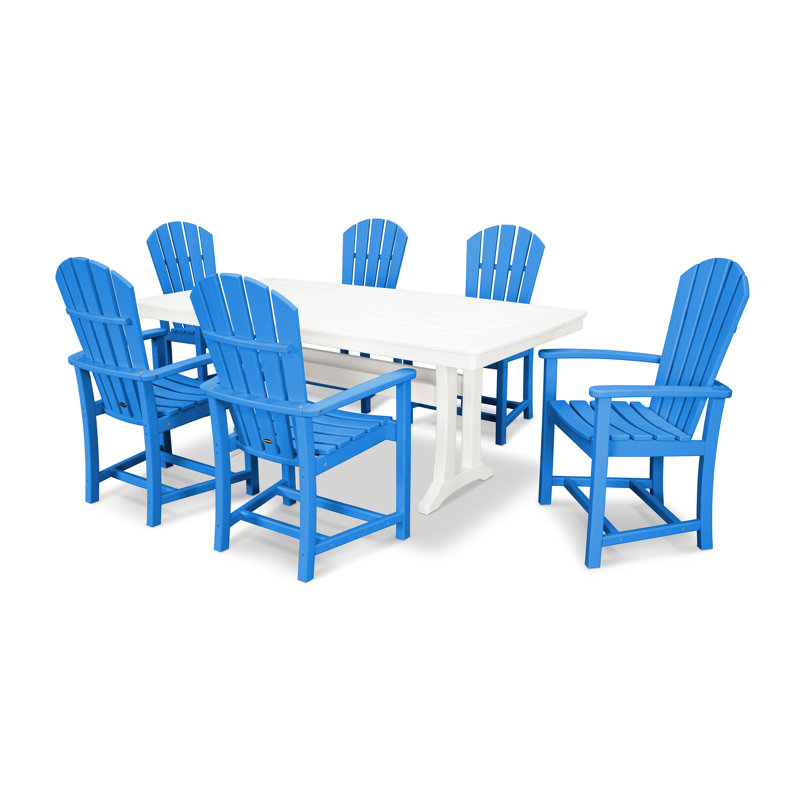 POLYWOOD Palm Coast 7-Piece Dining Set with Trestle Legs, Pacific Blue/White