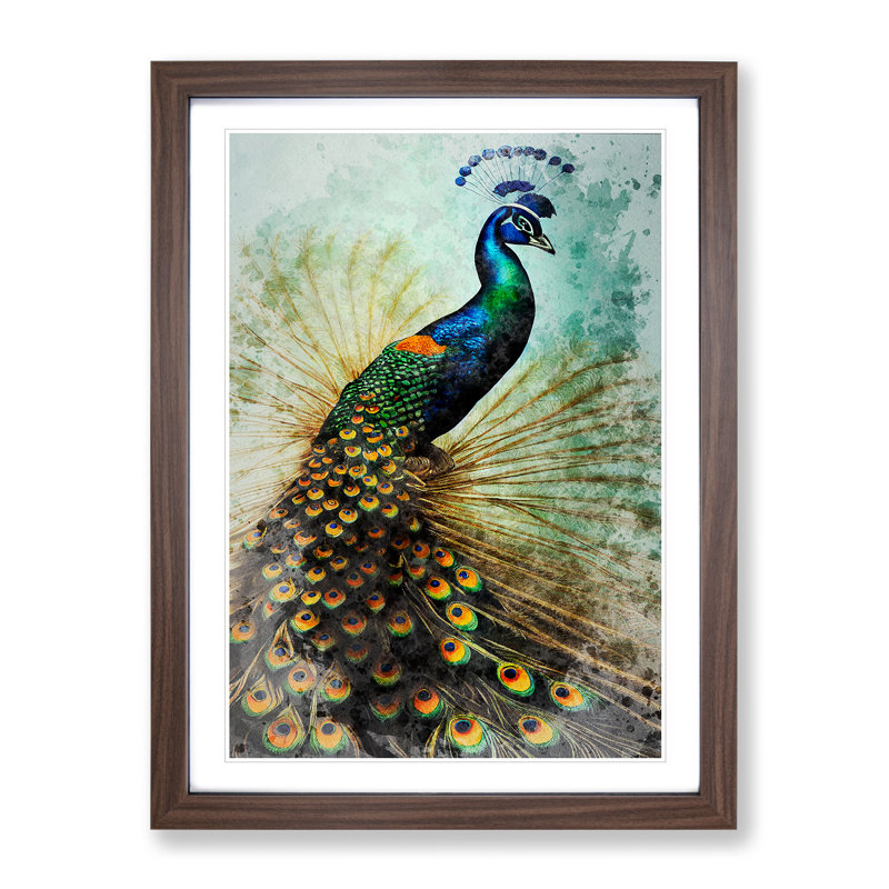 Peacock No.2 - Single Picture Frame Painting, 46cm H x 34cm W x 2cm D, Walnut Framed
