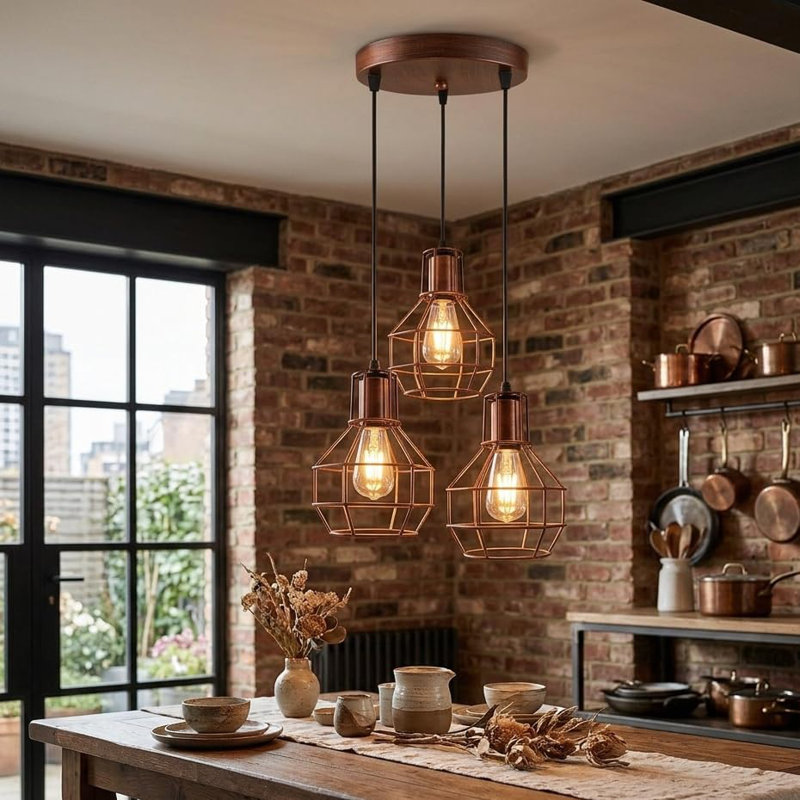 3 - Light Rustic Red Caged Pendant
