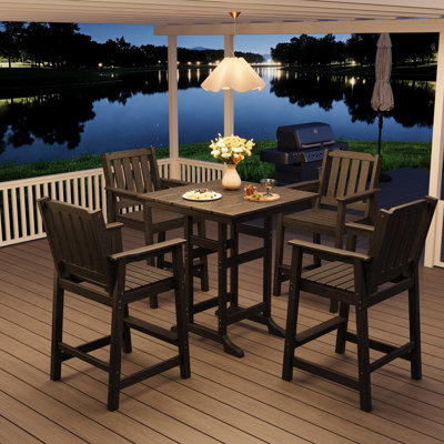 5-Piece Adirondack Bar Set with 4 Chairs, Outdoor Patio Bar Table, HDPE All-Weather Furniture with Umbrella Hole for Backyard, Poolside, or Balcony