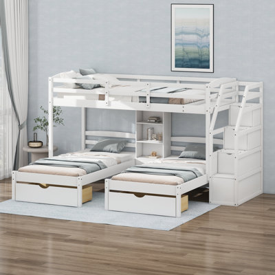 Wooden Triple Bunk Beds With Stairs & Storage Drawers,Twin Over Twin Bunk Bed,3 Bunk Beds Frame With Built-In Shelves