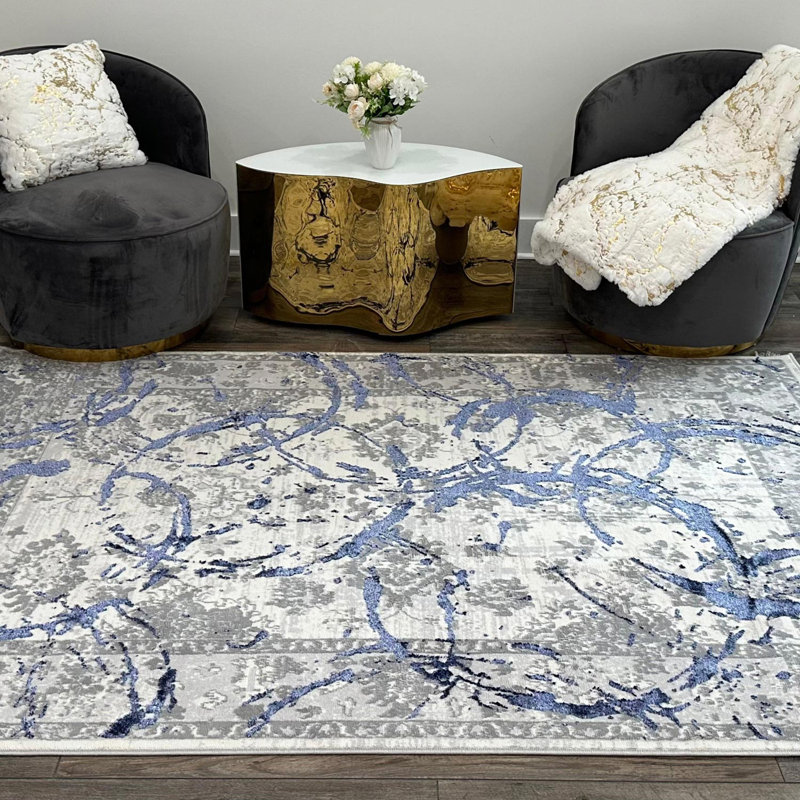 Tapis de luxe à motif abstrait gris avec cercles bleu marine, Rectangle 2 pi 8 po x 5 pi