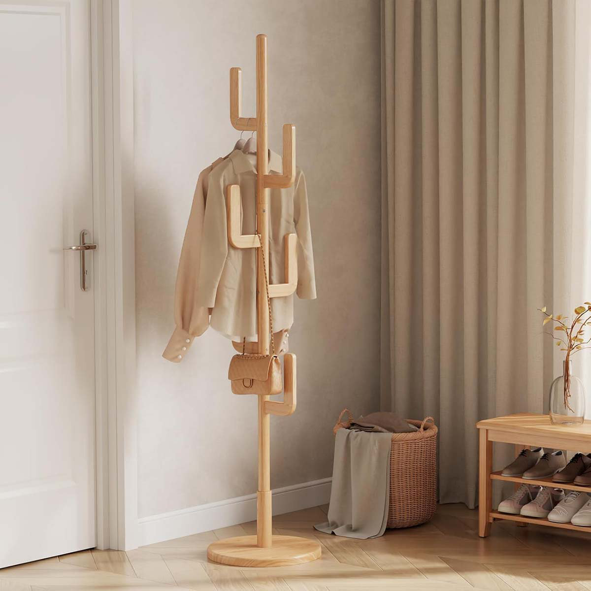Ebern Designs Solid Wood Cactus Coat Rack, Freestanding Coat Rack With ...
