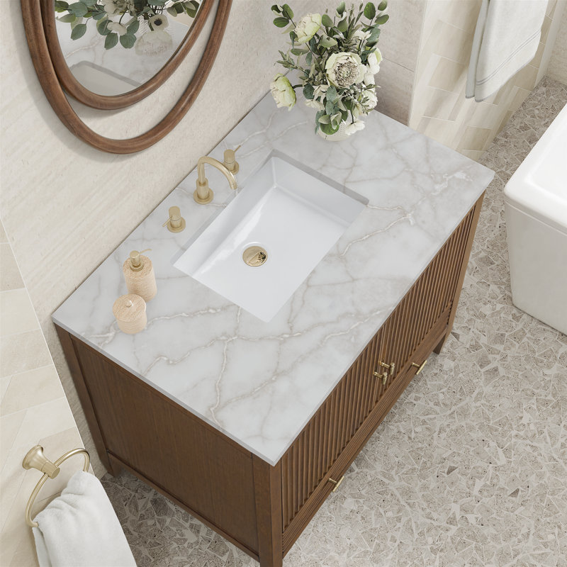 Myrrin 36'' W Single Vanity, Victorian Silver Silestone, Mid-Century Walnut, 8" Widespread