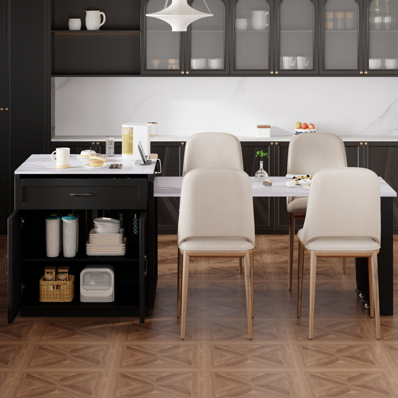 Îlot de cuisine 82,7 pouces avec table extensible, grain de bois noir, double rangement, 2 tablettes ouvertes, 1 port Type-C, roues verrouillables pour 4 à 6 personnes, armoire, prises de courant latérales, tablettes réglables