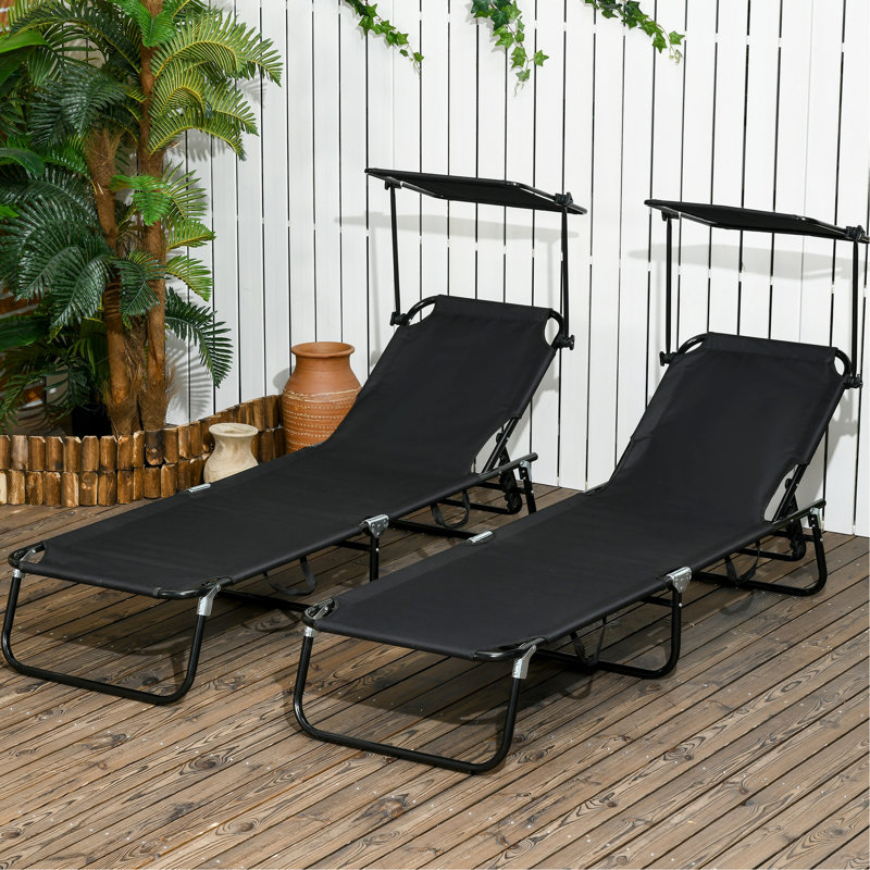 Folding Yard Chairs With Canopy Shade And Side Pocket - Reclining, Steel Frame Black For Pool, Beach, Patio Pool Sunshade Canopy, Reclining , Frame, Patio, Use