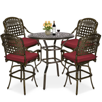  Ensemble bistro 5 pièces pivotant pour patio, ensemble de tabourets d'extérieur en fonte toutes saisons pour jardin avec 4 chaises de bar rembourrées avec repose-pieds et table de bar 35,4 po, trou pour parasol 2 po