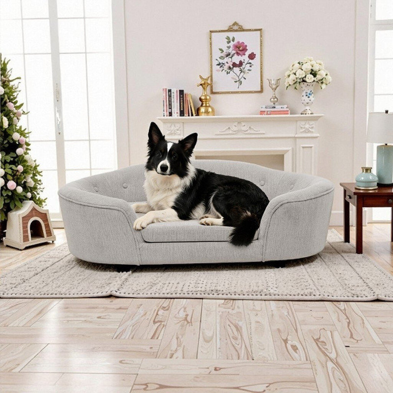 Très grand canapé-lit pour chien semi-fermé de 42,75 po avec matériau en lin, capacité de poids de 130 lb, Beige