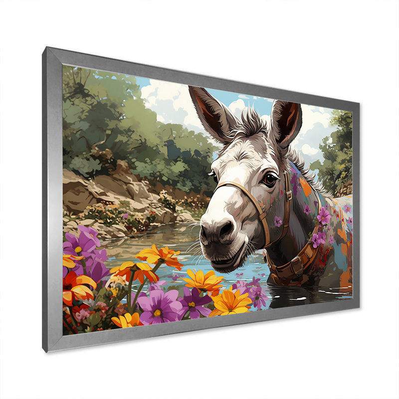 Farmhouse Donkeys Flower Charm III - âne, art mural, Cadre de coin fermé argenté, H 12 po x l 20 po x P 1 po