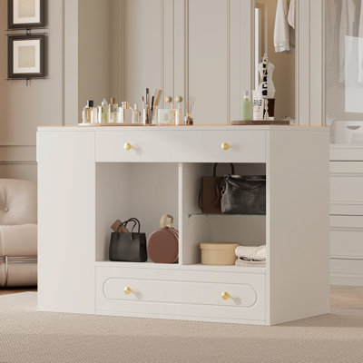 Îlot de garde-robe avec 6 tiroirs, îlot de garde-robe pour armoire avec plateau en verre et tablettes ouvertes, îlot de rangement pour bijoux avec compartiments, îlot de vestiaire pour vestiaire, blanc