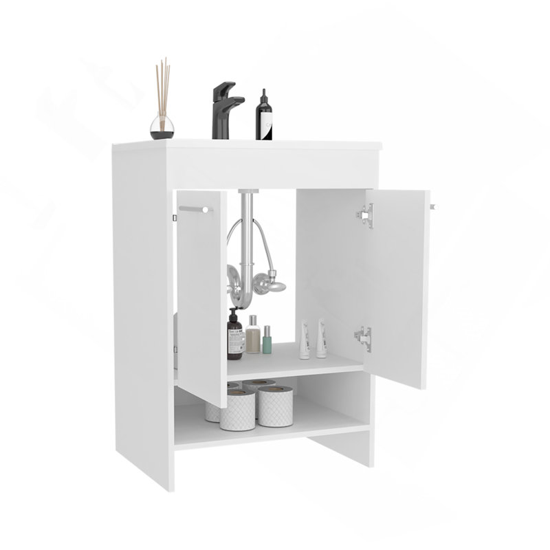 Meuble-lavabo avec quatre tiroirs et deux tablettes ouvertes, blanc