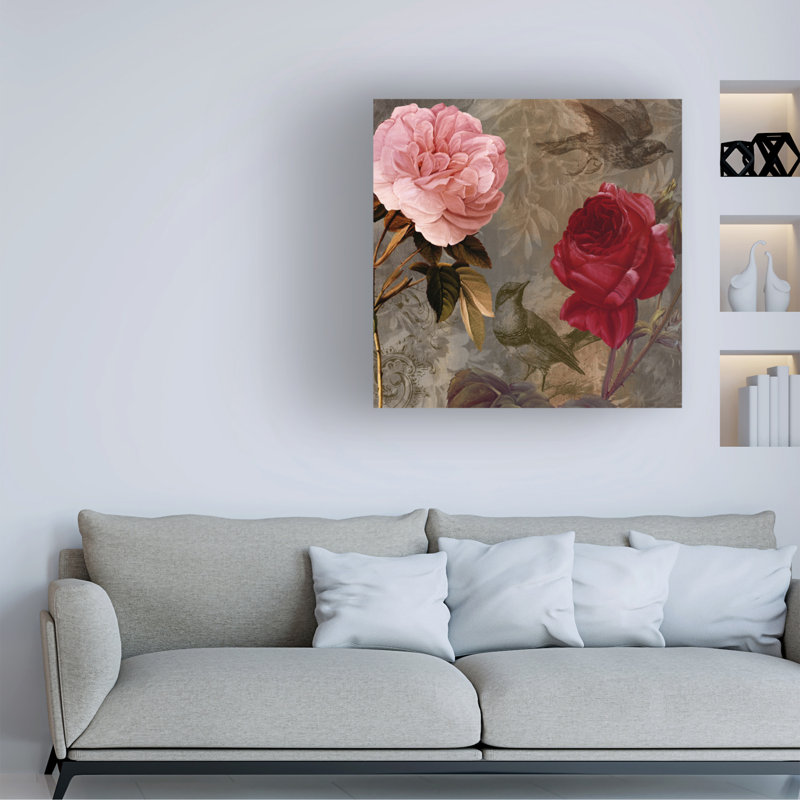 Art de Sasha, oiseau et roses_ALI73142, H 14 po x l 14 po