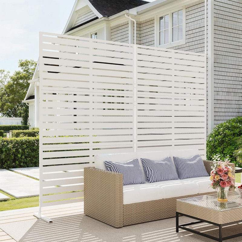 72" x 47" Outdoor Metal Privacy Screen – 6FT Freestanding Fence Panel for Garden, Balcony, Deck, Blanc