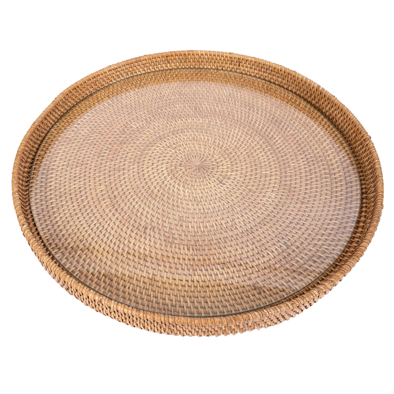 Round Serving-ottoman Tray with Glass Insert, 19" W x 19" D x 1.5" H, Honey Brown
