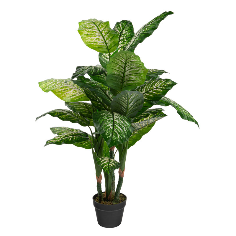 47'' Green Plastic Faux Philodendron Floor Plant in Black Pot