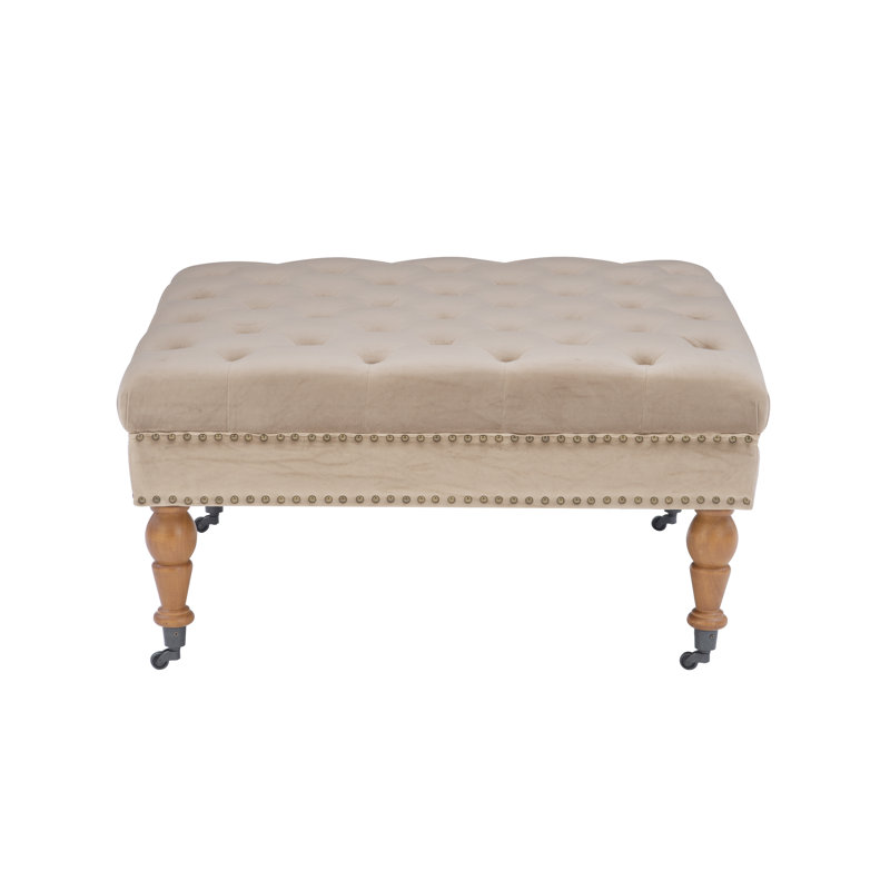 Vintage Tan Velvet Tufted Ottoman with Antique Brass Nailheads