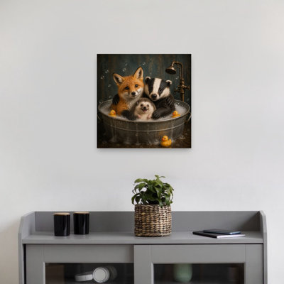 Woodland Friends Bath Time Contemporary Duck Fox Forest Wall Art Print by Katie Towers - Wrapped Canvas Print
