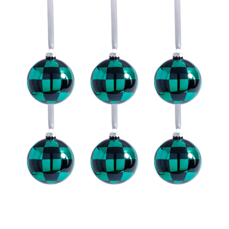 Boules de Noël en verre à carreaux, ensemble de 6, H 3,25 po x l 3,25 po x P 3,25 po