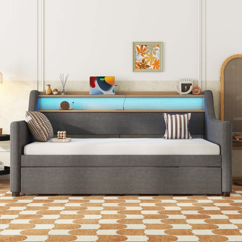 Lit de jour simple avec lit gigogne, lit de jour rembourré avec station de charge et lumières DEL, tissu en lin, Gris