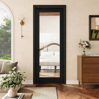 Porte prémontée noire 28 po x 80 po, 1 vantail, vitrage clair, charnières noires, cadre noir, insonorisée et imperméable, idéale pour la buanderie, la salle de bain, la cuisine, les placards et les chambres, ouverture à droite.
