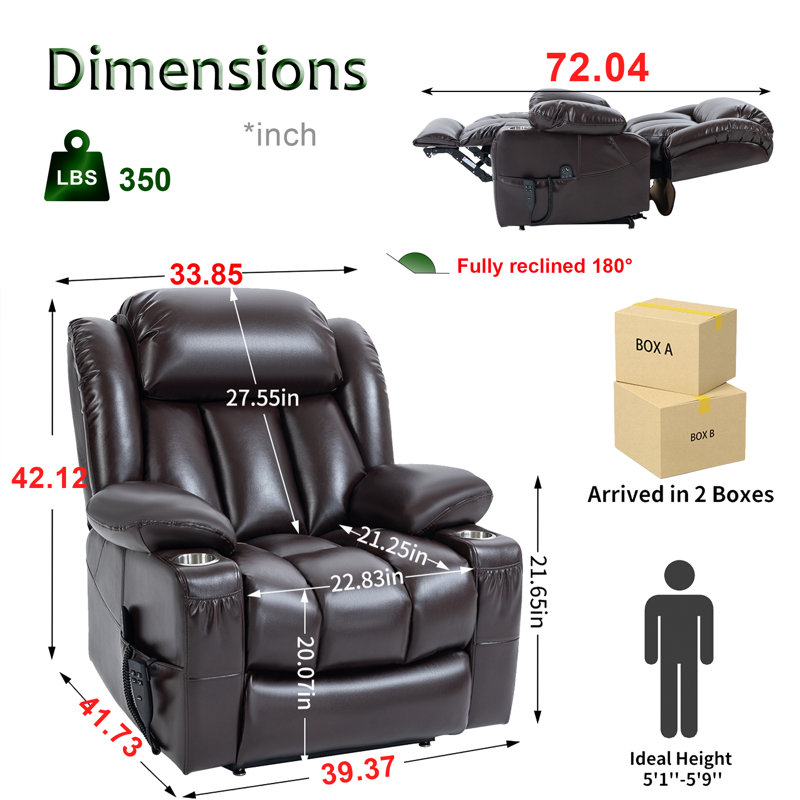 Vayun 39.37" W Oversize Faux Leather Recliner, Flat Lay, Liftable, Massage, Heater, Cup Holders, Brown