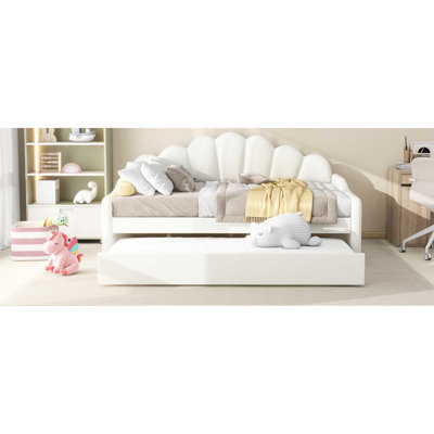 White Full Size Daybed With Shall Shaped And Trundle - Stylish , Materials, Versatile Home Bed In Velvet Upholstery, Strong Legs, Functional Living Room Addition