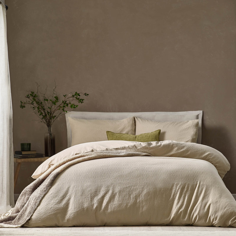 Malton Stripe Cotton Striped Duvet Cover Set with Pillowcases, Beige, Double Duvet Cover + 2 Standard Pillowcases