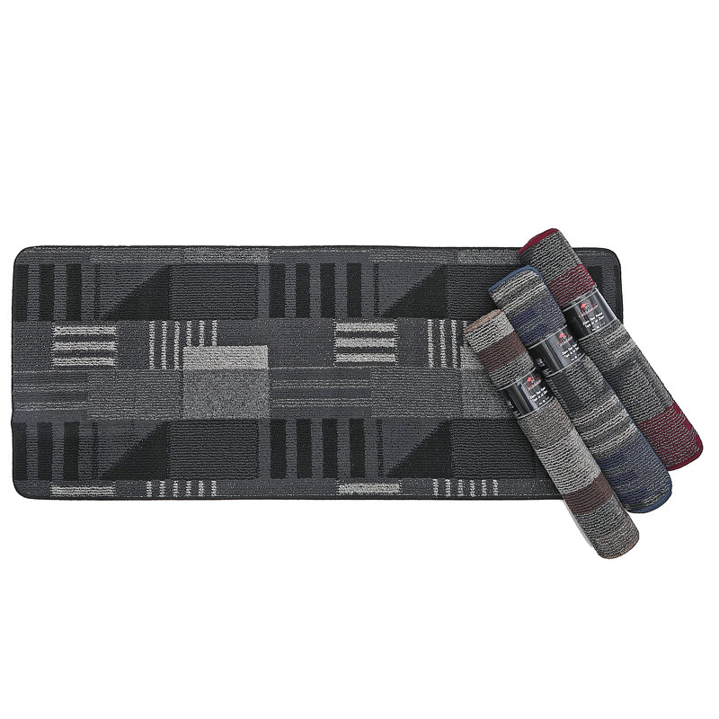 Ensemble de tapis en nylon tissé à la machine à motif géométrique noir, Rectangle 2 pi x 5 pi