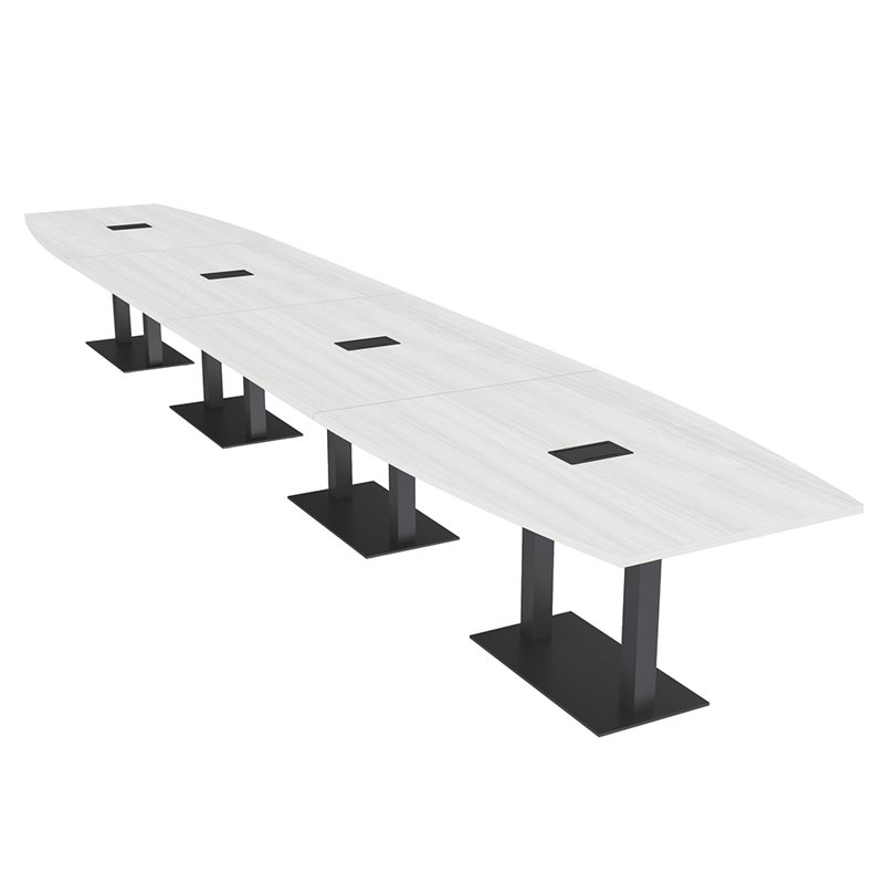Table de conférence en forme de bateau avec base en métal double | Unité électrique, Cyprès blanc, Noir mat