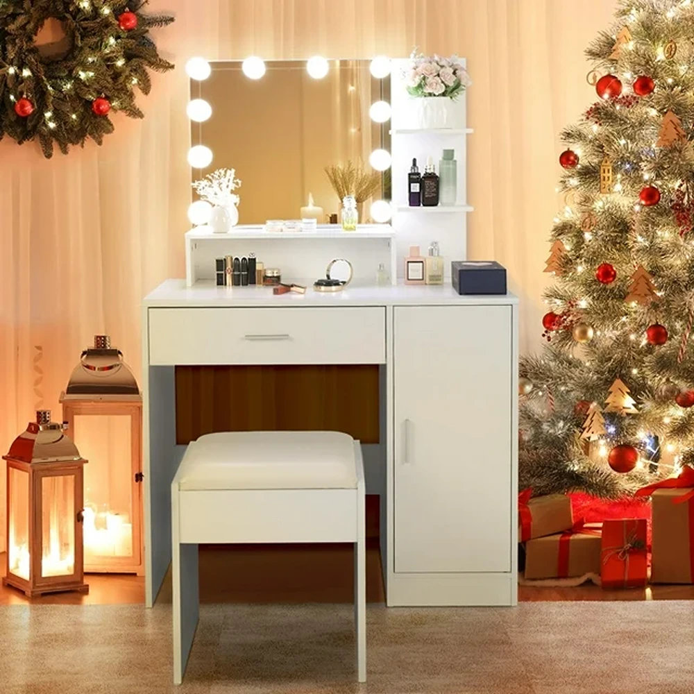 Latitude Run® Kimbereley Makeup Vanity with 3-Color Dimmable Lighted  Mirror, Side Storage Shelf & 4 Drawers & Reviews