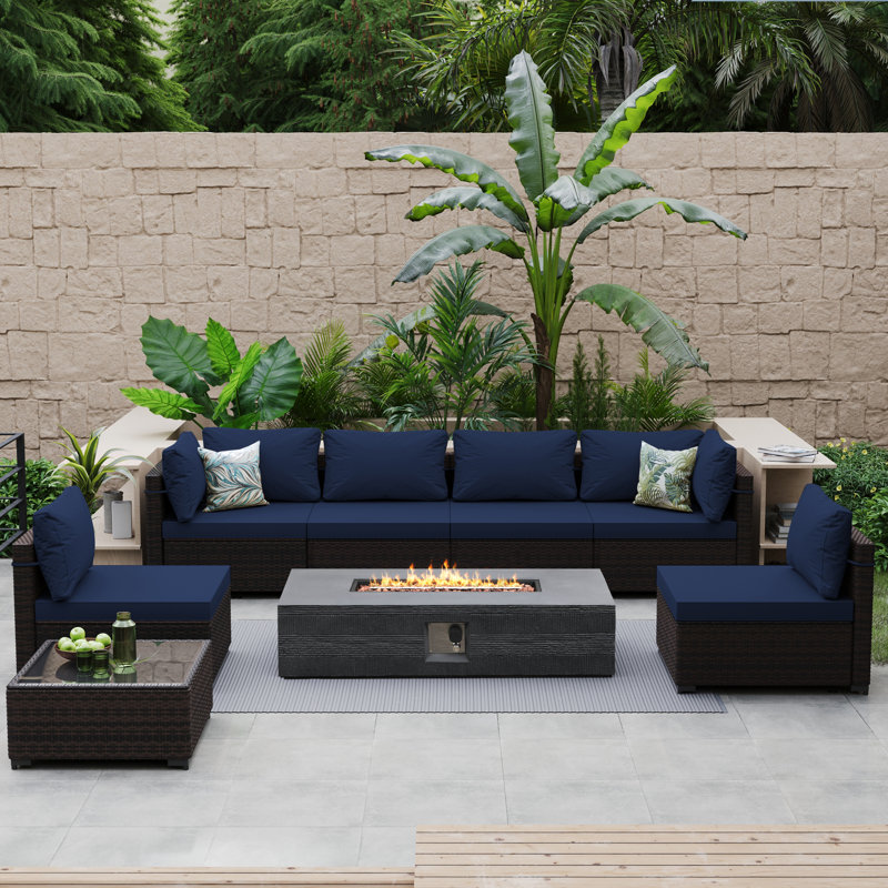 8-Piece Rattan Patio Conversation Set with Cushions and 56-Inch Outdoor Fire Pit Table, Navy Blue