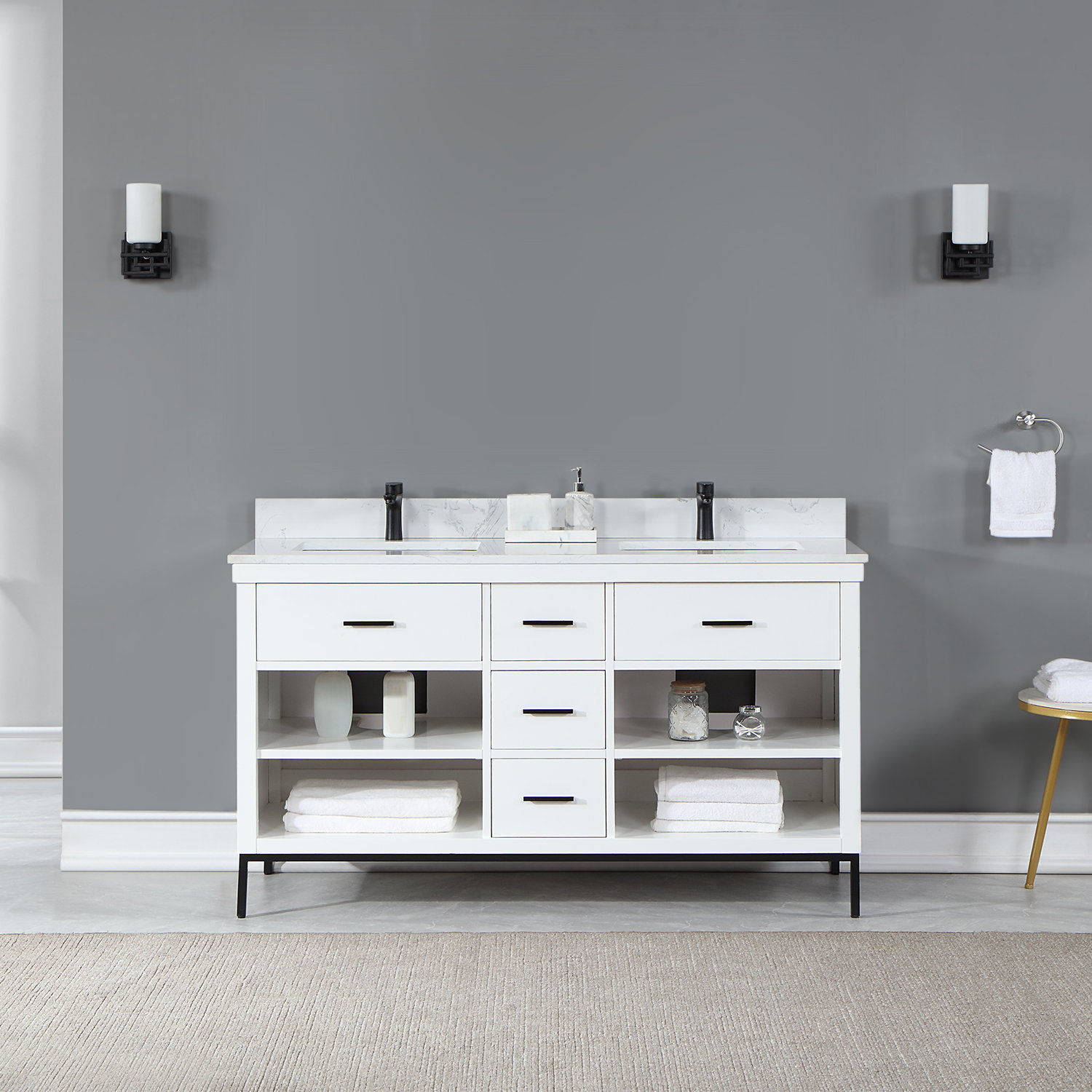 Kesia 60'' Double Bathroom Vanity, Matte Black, White