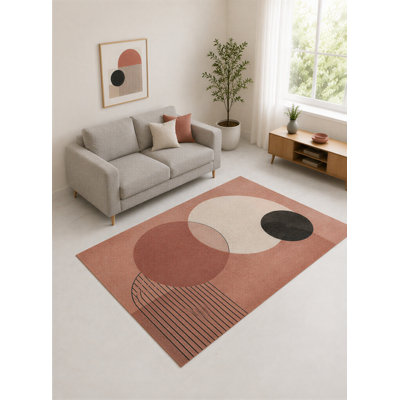 Tapis abstrait à cercles superposés « ultra léger » 152 x 213 cm (5 pi x 7 pi) couleur terre cuite et crème, idéal pour le salon, la chambre et le bureau à domicile. Tapis doux à poils courts avec envers antidérapant en silicone.