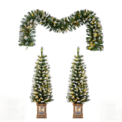 Artificial Christmas 3-Piece Set With Wreath And Entrance Trees, LED Lights, Easy Assembly For Festive Decor