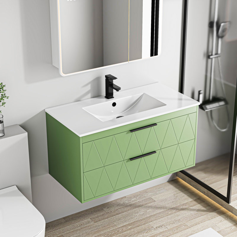 Ensemble de meuble-lavabo mural simple Sharee avec comptoir d'évier, robinet et drain en alliage de zinc, armoire flottante avec tiroirs à fermeture en douceur