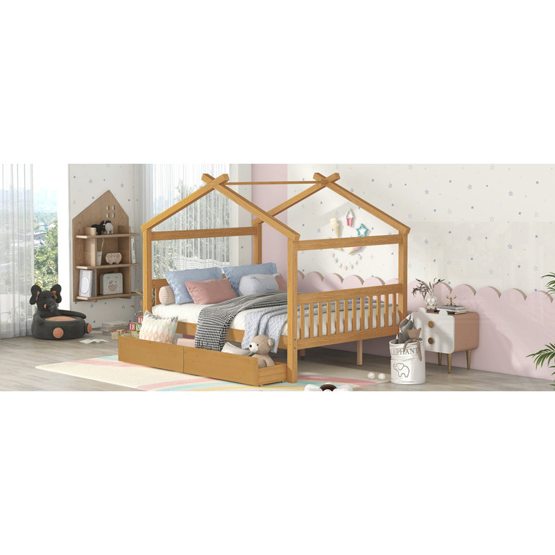 Wooden House Bed With Drawers, Full , Natural