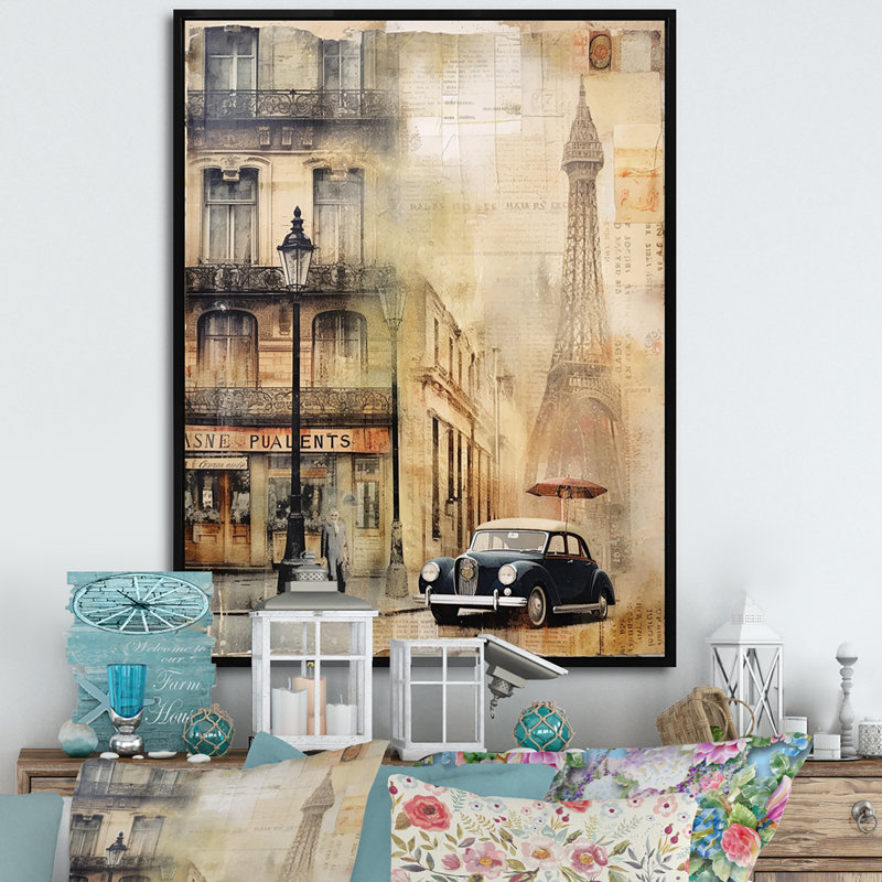 Paris Chronicles, collage rétro sur toile, Cadre flottant noir, H 40 po x l 30 po x P 1,5 po